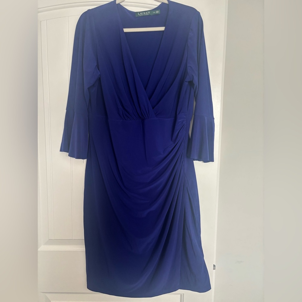 RALPH LAUREN Deep Purple Flare Sleeve V Neck Dress